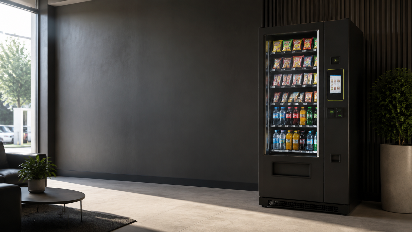 Moderne drank- en snackautomaat in een verzorgde wachtruimte